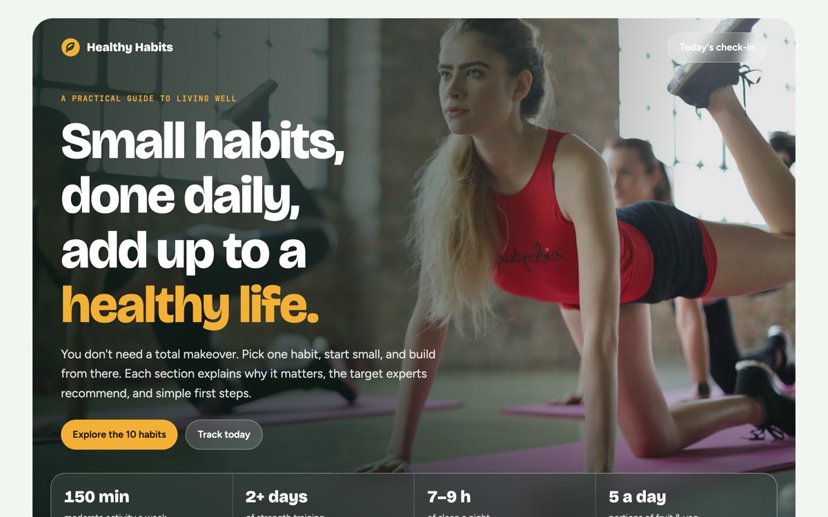 Screenshot of the Healthy Habits guide: the headline Small habits, done daily, add up to a healthy life, over a photo of a woman exercising