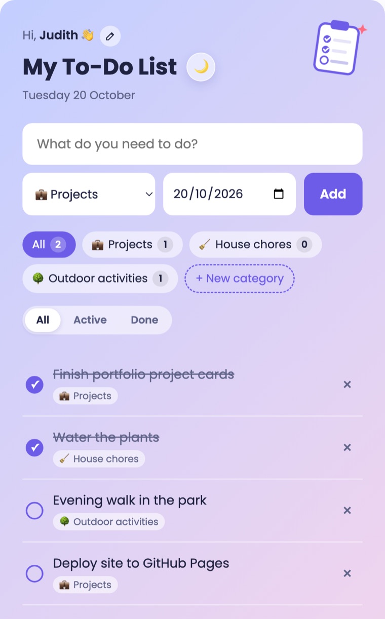 Screenshot of My To-Do List: a lavender card greeting Judith, with category filters and four tasks, two ticked off